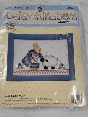 Vintage Bucilla Blue Framed Farm Bunny Cross-Stitch Kit-1991 Daisy Kingdom New